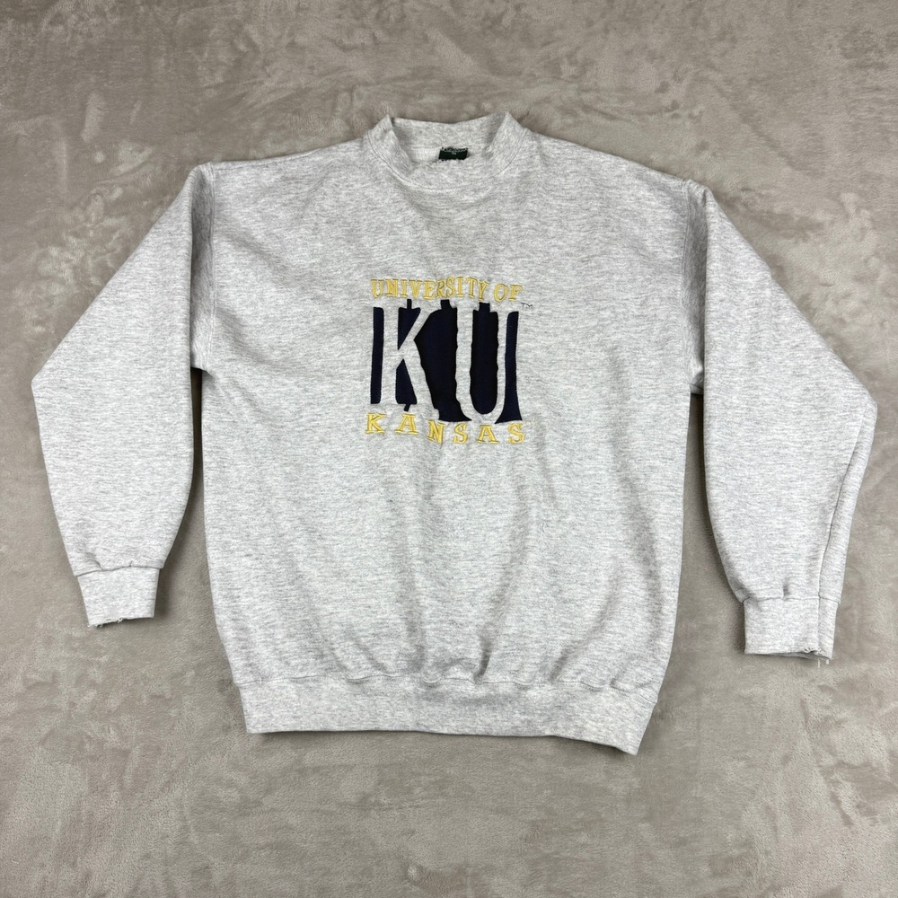 VTG University of Kansas Sweatshirt Large Gray MV Sport USA Made Crewneck Y2K